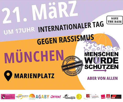 Internationaler Tag gegen Rassismus, München, Marienplatz, 21. März um 17 Uhr.